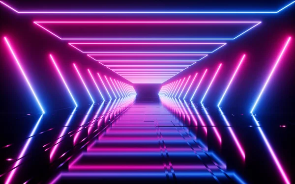 Gloeiende Neon Tunnel Abstract Neon Lijnen Science Fiction Achtergrond Rendering — Stockfoto