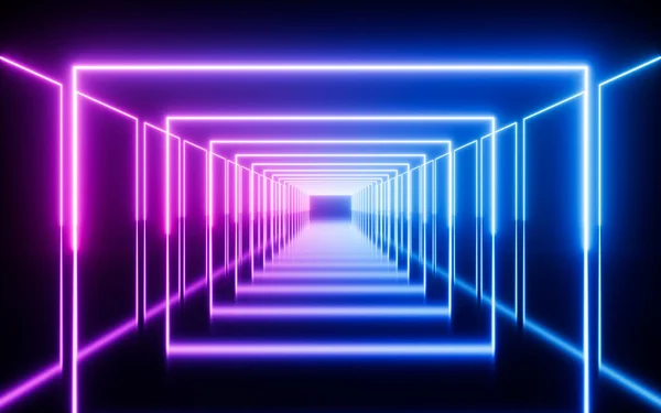ネオントンネルを輝く アブストラクトネオンラインサイエンスフィクションの背景 3Dレンダリング デジタルドローイング — ストック写真