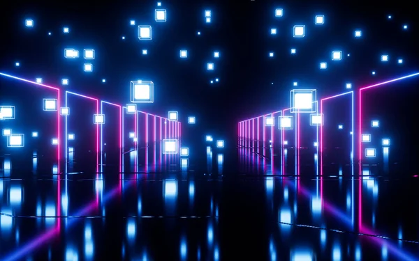 Cubi Luminosi Linee Neon Tunnel Neon Materiali Rendering Disegno Digitale — Foto Stock