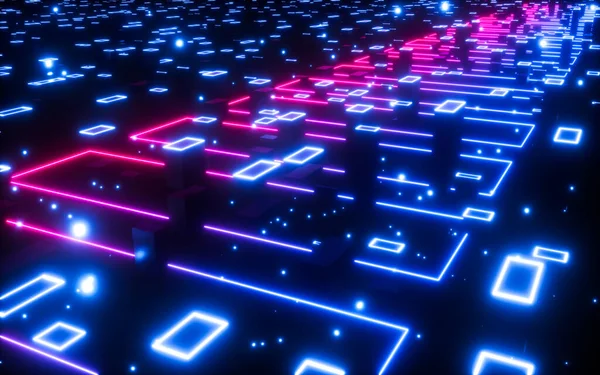 Glowing Cubes Neon Lines Neon Tunnel Materials Rendering Digital Drawing — Stock Photo, Image