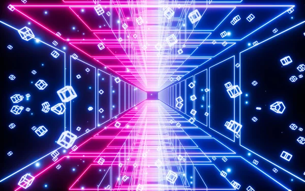 Светящиеся Кубики Неоновые Линии Неоновый Туннель Материалы Рендеринг Цифровой Рисунок — стоковое фото
