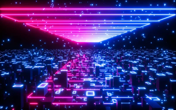 Gloeiende Kubussen Neonlijnen Neon Tunnel Materialen Rendering Digitale Tekening — Stockfoto