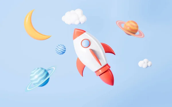 Planeet Raket Blauwe Achtergrond Cartoon Universum Scène Weergave Digitale Tekening — Stockfoto
