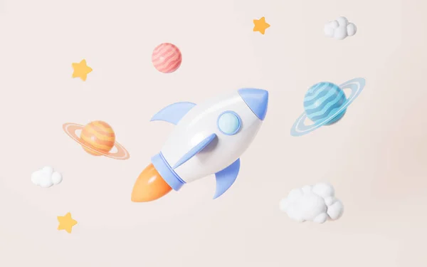 Planeet Raket Blauwe Achtergrond Cartoon Universum Scène Weergave Digitale Tekening — Stockfoto