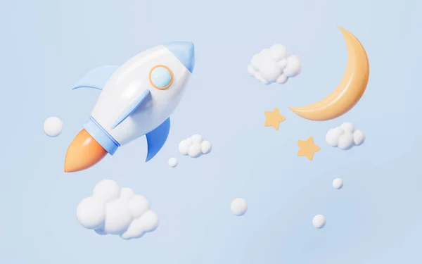 Cartoon Raket Lancering Maan Blauwe Achtergrond Rendering Digitale Tekening — Stockfoto
