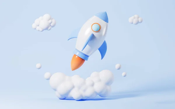 青い背景に漫画ロケット打ち上げシーン 3Dレンダリング デジタルドローイング — ストック写真