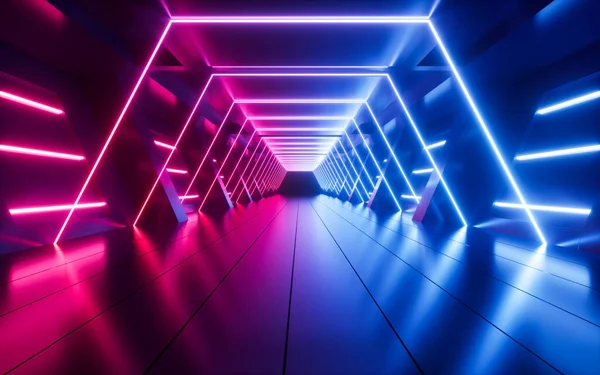 Tunnel Neon Incandescente Linee Astratte Neon Sfondo Fantascienza Rendering Disegno — Foto Stock