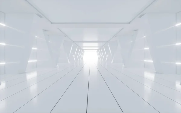 Túnel Abstrato Branco Com Linhas Néon Brilhantes Renderização Desenho Digital — Fotografia de Stock