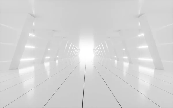 白色抽象隧道 有发光的霓虹灯线 3D渲染 数字绘图 — 图库照片
