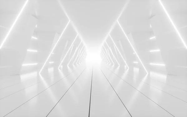 Vit Abstrakt Tunnel Med Glödande Neonlinjer Återgivning Digital Ritning — Stockfoto