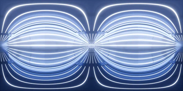 Terowongan Biru Dengan Garis Neon 360 Derajat Panorama Rendering Gambar — Stok Foto