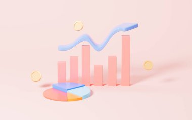 Pembe arka planda istatistiksel grafik ve ok, üç boyutlu görüntüleme. Dijital çizim.