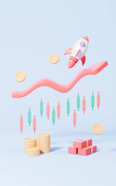 Mavi arka planda roket ve hisse senetleri, iş kurma ve büyüme istatistikleri alım satımı, 3D işleme. Dijital çizim.