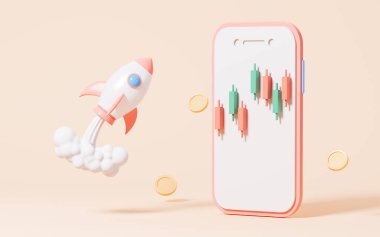 Pembe arka planda roket ve hisse senetleri, iş kurma ve büyüme istatistikleri alım satımı, 3D işleme. Dijital çizim.