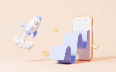 Sarı arka planda roket ve cep telefonu, 3D görüntüleme. Dijital çizim.