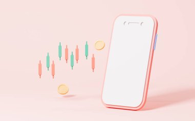 Pembe arka planda cep telefonu ve hisse senetleri, büyüyen hisse senedi ve finans konsepti, 3D tasarım. Dijital çizim.