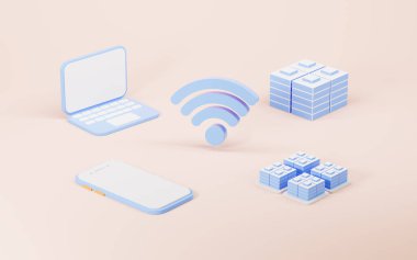 Wi-Fi ve cep telefonu, sinyal iletimi ve telekomünikasyon konsepti, 3D görüntüleme. Dijital çizim.