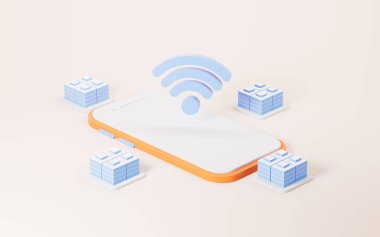 Wi-Fi ve cep telefonu, sinyal iletimi ve telekomünikasyon konsepti, 3D görüntüleme. Dijital çizim.