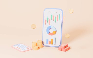 Pembe arka planda cep telefonu olan hisse senetleri ve istatistiksel tablolar, 3D görüntüleme. Dijital çizim.