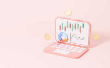 Pembe arka planda dizüstü bilgisayarı olan hisse senetleri ve istatistiksel tablolar. Dijital çizim.