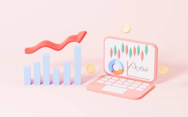 Pembe arka planda dizüstü bilgisayarı olan hisse senetleri ve istatistiksel tablolar. Dijital çizim.