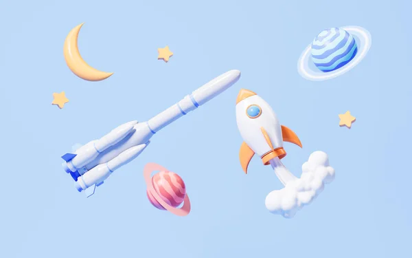 Raketer Och Planeter Den Blå Bakgrunden Rendering Digital Ritning — Stockfoto