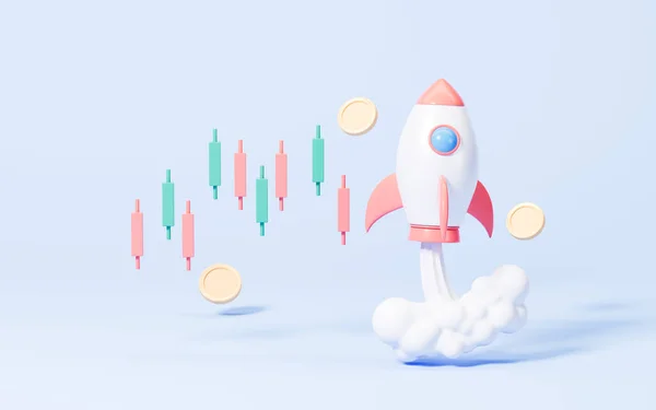 青色の背景でロケットと株式を飛んで ビジネススタートアップと成長統計取引 3Dレンダリング デジタルドローイング — ストック写真