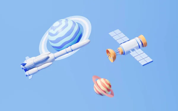 Ракета Супутник Оточують Планету Рендеринг Цифровий Малюнок — стокове фото