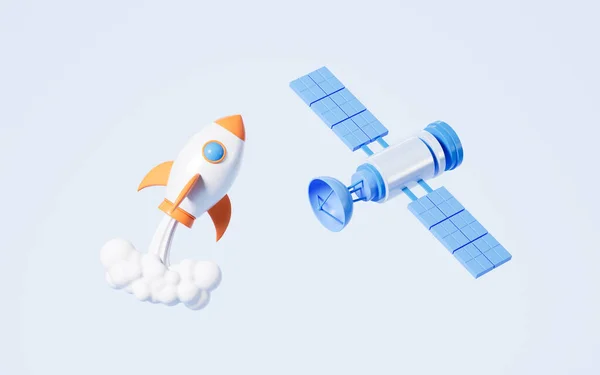 青い背景に漫画のロケットと衛星 3Dレンダリング デジタルドローイング — ストック写真