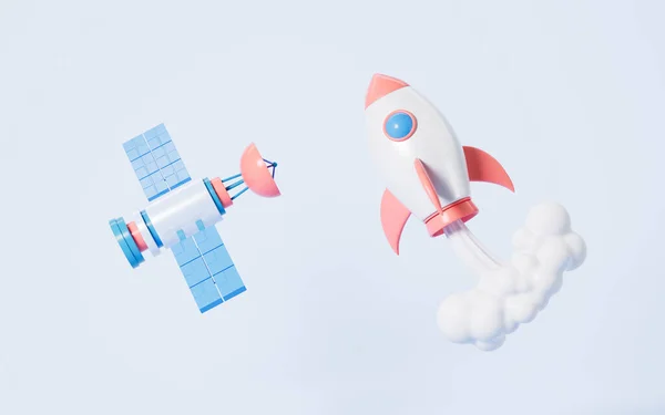 青い背景に漫画のロケットと衛星 3Dレンダリング デジタルドローイング — ストック写真