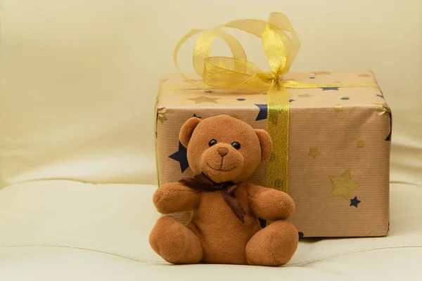 Teddy bear with a gift. Birthday and Christmas. Holidays.