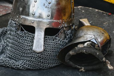 Knights armor close-up, helmet and gloves.