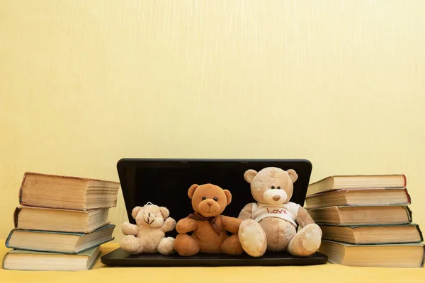 Funny plush bears with books and laptop, difficult studies.