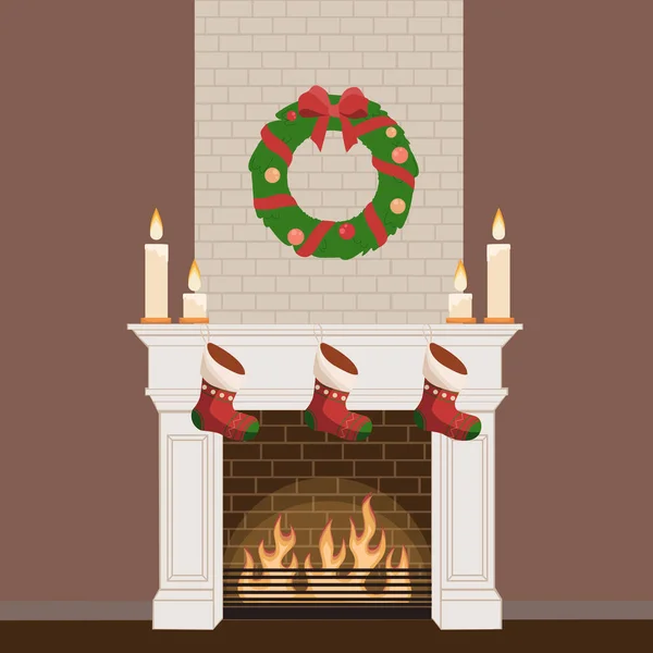 Kersthaard Met Sokken Voor Geschenken Kaarsen Kransen — Stockvector