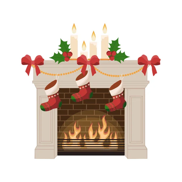 Aislado Chimenea Blanca Navidad Con Calcetines Velas — Vector de stock