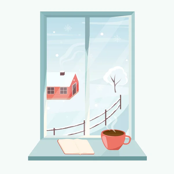 Janela Inverno Com Vista Para Natureza Casa Aldeia Com Uma —  Vetores de Stock