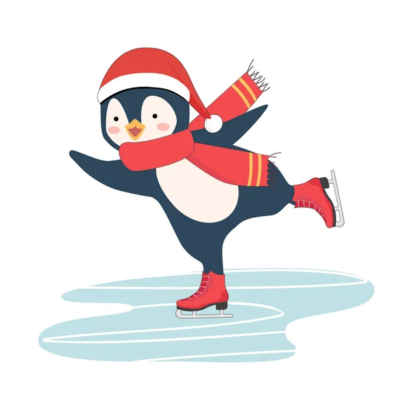 Bonito Pinguim Desenhos Animados Patins Gelo Patinação Com Chapéu Papai —  Vetores de Stock