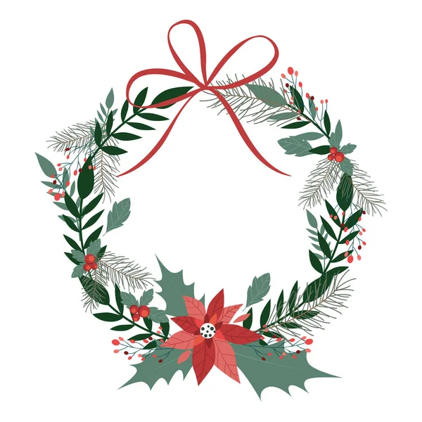 Beyaz noel çelenginde puancetti, çam, çoban püskülü, ökseotu ile izole edilmiş.