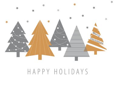 Gri ve altın renkli Noel Kartı Ağaçlar ve yıldızlar