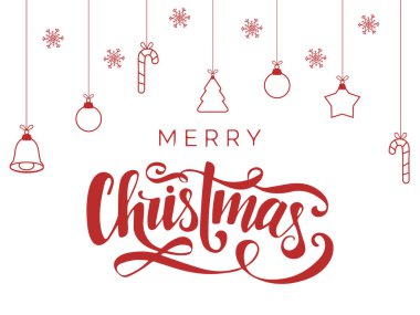 Mutlu noeller kırmızı kutlama kartı ve beyaz üzerine asılı süsler.