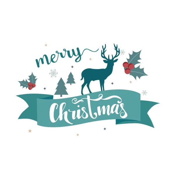 Siluet ren geyiği kurdelesi xmas elementleriyle mutlu noel tipografi şablonu