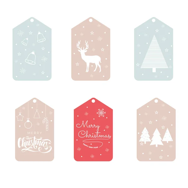 stock vector Christmas gift tags template set with bells, lettering, pine, deer silhouette