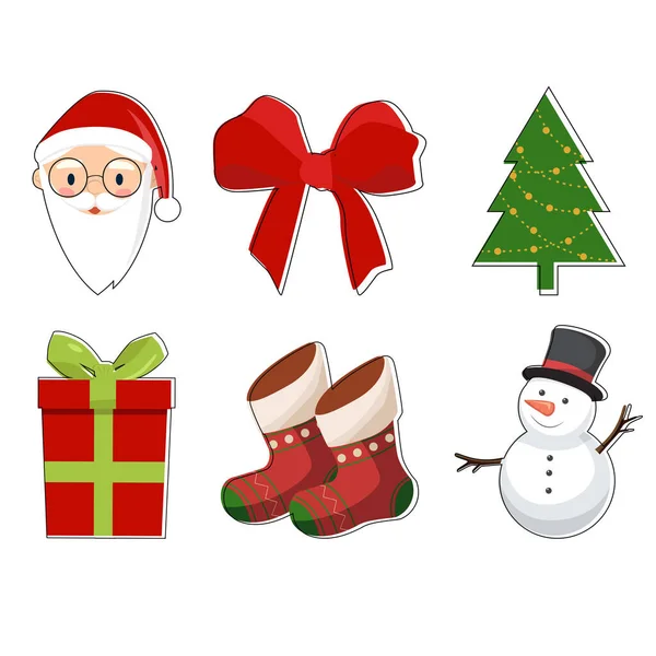 Ícones Coloridos Tema Natal Com Papai Noel Árvore Natal Fita —  Vetores de Stock