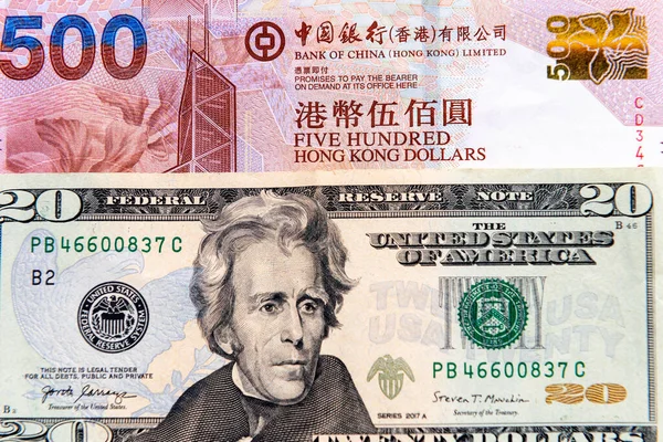 结算20张美圆钞票及500港元钞票 — 图库照片