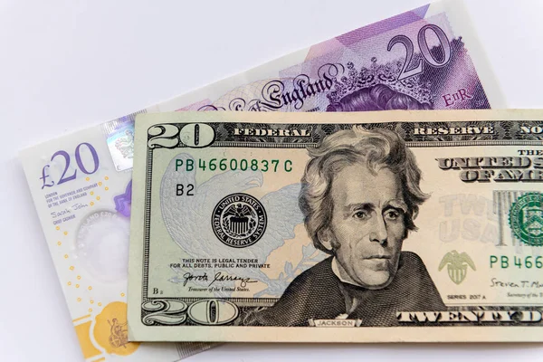 Uma Nota Vinte Dólares Americanos Uma Nota Vinte Libras Esterlinas — Fotografia de Stock