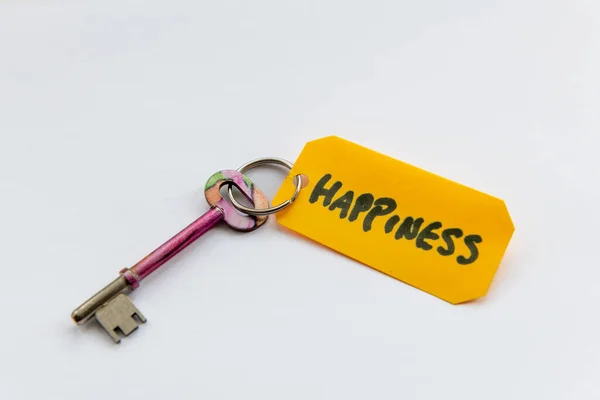 Ключ Счастью Концепция Ключом Слово Счастье Изолированы Белом Фоне — стоковое фото