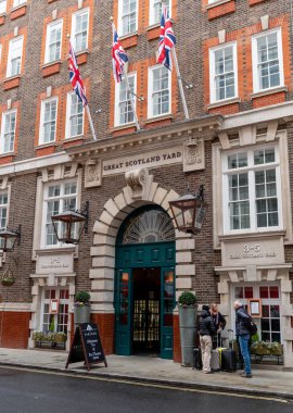 London. UK- 01.08.2023. The name sign and frontage of the Great Scotland Yard Hotel. A five star hotel on the street of the same name. Part of the Hyatt Group.