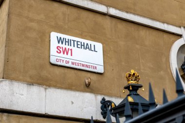 London. UK- 01.08.2023. The street sign for Whitehall in Westminster, where a number of government offices are situated.