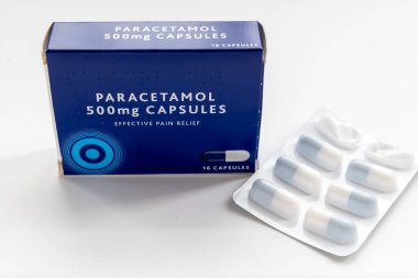 A packet of the pain relief medicine Paracetamol isolated in white