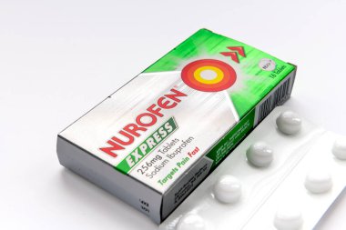 London. UK- 01.29.2023. A packet of Nurofen Express sodium ibuprofen tablets isolated in white. Medicine for pain relief, fever and cold.